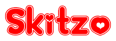 The image is a clipart featuring the word Skitzo written in a stylized font with a heart shape replacing inserted into the center of each letter. The color scheme of the text and hearts is red with a light outline.