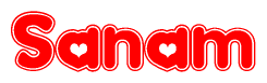 The image displays the word Sanam written in a stylized red font with hearts inside the letters.