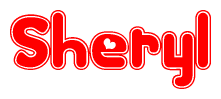 The image is a red and white graphic with the word Sheryl written in a decorative script. Each letter in  is contained within its own outlined bubble-like shape. Inside each letter, there is a white heart symbol.