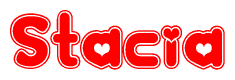 The image is a clipart featuring the word Stacia written in a stylized font with a heart shape replacing inserted into the center of each letter. The color scheme of the text and hearts is red with a light outline.