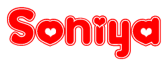 The image is a red and white graphic with the word Soniya written in a decorative script. Each letter in  is contained within its own outlined bubble-like shape. Inside each letter, there is a white heart symbol.