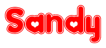 The image is a red and white graphic with the word Sandy written in a decorative script. Each letter in  is contained within its own outlined bubble-like shape. Inside each letter, there is a white heart symbol.