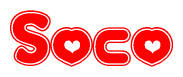 The image is a clipart featuring the word Soco written in a stylized font with a heart shape replacing inserted into the center of each letter. The color scheme of the text and hearts is red with a light outline.