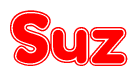 The image is a red and white graphic with the word Suz written in a decorative script. Each letter in  is contained within its own outlined bubble-like shape. Inside each letter, there is a white heart symbol.