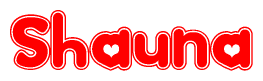 The image is a clipart featuring the word Shauna written in a stylized font with a heart shape replacing inserted into the center of each letter. The color scheme of the text and hearts is red with a light outline.