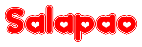 The image is a red and white graphic with the word Salapao written in a decorative script. Each letter in  is contained within its own outlined bubble-like shape. Inside each letter, there is a white heart symbol.