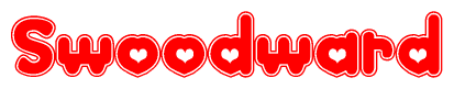 The image is a clipart featuring the word Swoodward written in a stylized font with a heart shape replacing inserted into the center of each letter. The color scheme of the text and hearts is red with a light outline.