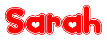 The image is a red and white graphic with the word Sarah written in a decorative script. Each letter in  is contained within its own outlined bubble-like shape. Inside each letter, there is a white heart symbol.