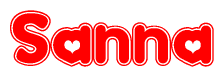 The image is a clipart featuring the word Sanna written in a stylized font with a heart shape replacing inserted into the center of each letter. The color scheme of the text and hearts is red with a light outline.