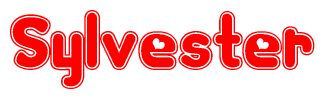 The image is a red and white graphic with the word Sylvester written in a decorative script. Each letter in  is contained within its own outlined bubble-like shape. Inside each letter, there is a white heart symbol.