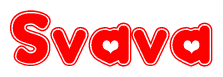 The image is a red and white graphic with the word Svava written in a decorative script. Each letter in  is contained within its own outlined bubble-like shape. Inside each letter, there is a white heart symbol.