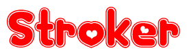 The image is a clipart featuring the word Stroker written in a stylized font with a heart shape replacing inserted into the center of each letter. The color scheme of the text and hearts is red with a light outline.