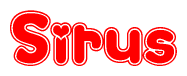 The image is a red and white graphic with the word Sirus written in a decorative script. Each letter in  is contained within its own outlined bubble-like shape. Inside each letter, there is a white heart symbol.