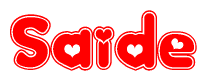 The image is a red and white graphic with the word Saide written in a decorative script. Each letter in  is contained within its own outlined bubble-like shape. Inside each letter, there is a white heart symbol.