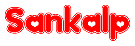 The image is a red and white graphic with the word Sankalp written in a decorative script. Each letter in  is contained within its own outlined bubble-like shape. Inside each letter, there is a white heart symbol.