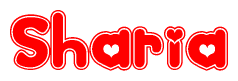 The image is a red and white graphic with the word Sharia written in a decorative script. Each letter in  is contained within its own outlined bubble-like shape. Inside each letter, there is a white heart symbol.