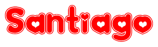The image is a red and white graphic with the word Santiago written in a decorative script. Each letter in  is contained within its own outlined bubble-like shape. Inside each letter, there is a white heart symbol.