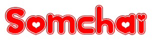 The image is a red and white graphic with the word Somchai written in a decorative script. Each letter in  is contained within its own outlined bubble-like shape. Inside each letter, there is a white heart symbol.