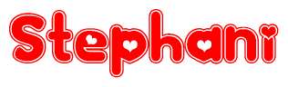 The image is a red and white graphic with the word Stephani written in a decorative script. Each letter in  is contained within its own outlined bubble-like shape. Inside each letter, there is a white heart symbol.