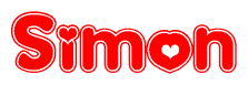 The image is a clipart featuring the word Simon written in a stylized font with a heart shape replacing inserted into the center of each letter. The color scheme of the text and hearts is red with a light outline.