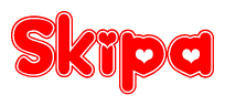 The image is a red and white graphic with the word Skipa written in a decorative script. Each letter in  is contained within its own outlined bubble-like shape. Inside each letter, there is a white heart symbol.