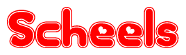 The image displays the word Scheels written in a stylized red font with hearts inside the letters.