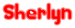 The image is a red and white graphic with the word Sherlyn written in a decorative script. Each letter in  is contained within its own outlined bubble-like shape. Inside each letter, there is a white heart symbol.
