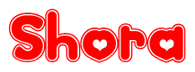The image displays the word Shora written in a stylized red font with hearts inside the letters.