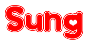 The image is a clipart featuring the word Sung written in a stylized font with a heart shape replacing inserted into the center of each letter. The color scheme of the text and hearts is red with a light outline.