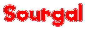 The image is a clipart featuring the word Sourgal written in a stylized font with a heart shape replacing inserted into the center of each letter. The color scheme of the text and hearts is red with a light outline.