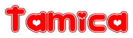 The image displays the word Tamica written in a stylized red font with hearts inside the letters.