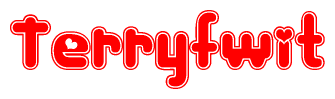 The image is a red and white graphic with the word Terryfwit written in a decorative script. Each letter in  is contained within its own outlined bubble-like shape. Inside each letter, there is a white heart symbol.