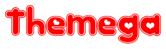 The image displays the word Themega written in a stylized red font with hearts inside the letters.