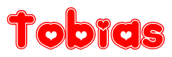 The image is a red and white graphic with the word Tobias written in a decorative script. Each letter in  is contained within its own outlined bubble-like shape. Inside each letter, there is a white heart symbol.