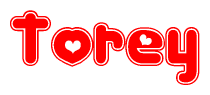 The image is a clipart featuring the word Torey written in a stylized font with a heart shape replacing inserted into the center of each letter. The color scheme of the text and hearts is red with a light outline.