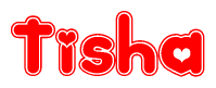 The image is a red and white graphic with the word Tisha written in a decorative script. Each letter in  is contained within its own outlined bubble-like shape. Inside each letter, there is a white heart symbol.