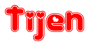 The image is a red and white graphic with the word Tijen written in a decorative script. Each letter in  is contained within its own outlined bubble-like shape. Inside each letter, there is a white heart symbol.