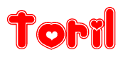 The image is a clipart featuring the word Toril written in a stylized font with a heart shape replacing inserted into the center of each letter. The color scheme of the text and hearts is red with a light outline.
