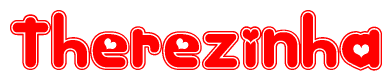 The image is a red and white graphic with the word Therezinha written in a decorative script. Each letter in  is contained within its own outlined bubble-like shape. Inside each letter, there is a white heart symbol.