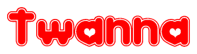 The image is a clipart featuring the word Twanna written in a stylized font with a heart shape replacing inserted into the center of each letter. The color scheme of the text and hearts is red with a light outline.
