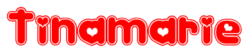   The image is a red and white graphic with the word Tinamarie written in a decorative script. Each letter in  is contained within its own outlined bubble-like shape. Inside each letter, there is a white heart symbol. 