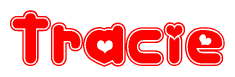 The image is a red and white graphic with the word Tracie written in a decorative script. Each letter in  is contained within its own outlined bubble-like shape. Inside each letter, there is a white heart symbol.
