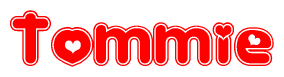 The image is a red and white graphic with the word Tommie written in a decorative script. Each letter in  is contained within its own outlined bubble-like shape. Inside each letter, there is a white heart symbol.