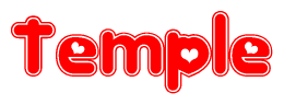The image is a red and white graphic with the word Temple written in a decorative script. Each letter in  is contained within its own outlined bubble-like shape. Inside each letter, there is a white heart symbol.