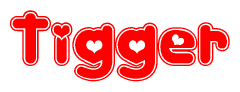 The image is a clipart featuring the word Tigger written in a stylized font with a heart shape replacing inserted into the center of each letter. The color scheme of the text and hearts is red with a light outline.