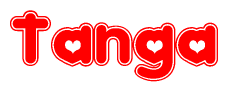 The image is a red and white graphic with the word Tanga written in a decorative script. Each letter in  is contained within its own outlined bubble-like shape. Inside each letter, there is a white heart symbol.