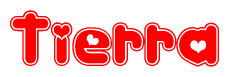 The image is a clipart featuring the word Tierra written in a stylized font with a heart shape replacing inserted into the center of each letter. The color scheme of the text and hearts is red with a light outline.