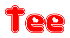 The image is a red and white graphic with the word Tee written in a decorative script. Each letter in  is contained within its own outlined bubble-like shape. Inside each letter, there is a white heart symbol.