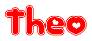 The image is a clipart featuring the word Theo written in a stylized font with a heart shape replacing inserted into the center of each letter. The color scheme of the text and hearts is red with a light outline.