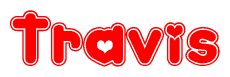 The image is a clipart featuring the word Travis written in a stylized font with a heart shape replacing inserted into the center of each letter. The color scheme of the text and hearts is red with a light outline.
